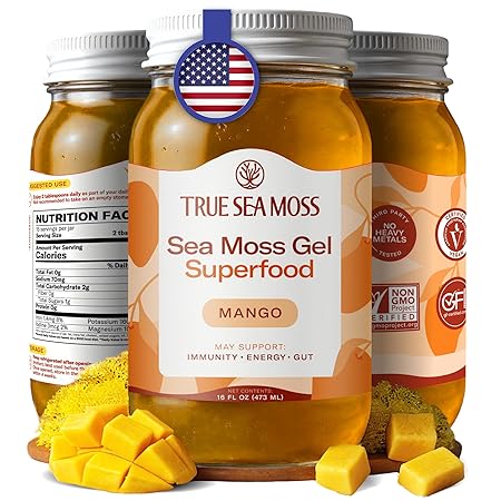 TrueSeaMoss Sea Moss Gel – Made in USA – Wildcrafted Seamoss, Fresh Fruits & Vegetables – Mango, Pack of 1 (Labels May Vary)