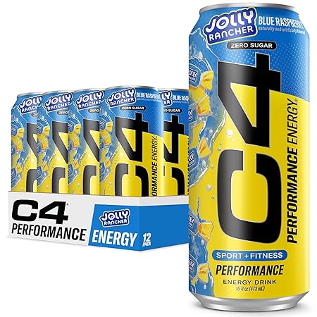 Cellucor C4 Performance Energy Drink | JOLLY RANCHER Blue Raspberry | Zero Sugar Carbonated Preworkout Energy | 200mg Caffeine with Beta Alanine | 16 Fl Oz (12 Pack)