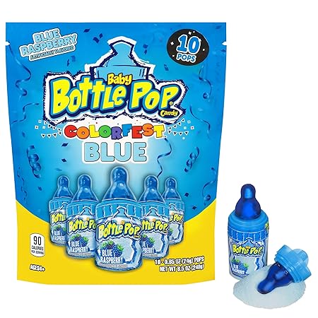 Baby Bottle Pop Halloween Candy Blue Lollipops, 10 Ct Bulk Lollipops with Dipping Powder in Blue Raspberry Flavor, Full Size, Individually Wrapped Hard Candy For Party Favors, Trick or Treat, Gifts