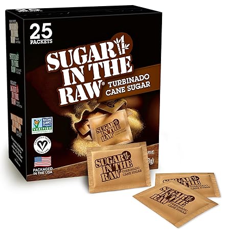 Sugar In The Raw Turbinado Cane Sugar Packets, 25 Ct, Pure, All-Natural Turbinado Sugar, Non-GMO Project Verified, Kosher, Vegan and Gluten Free