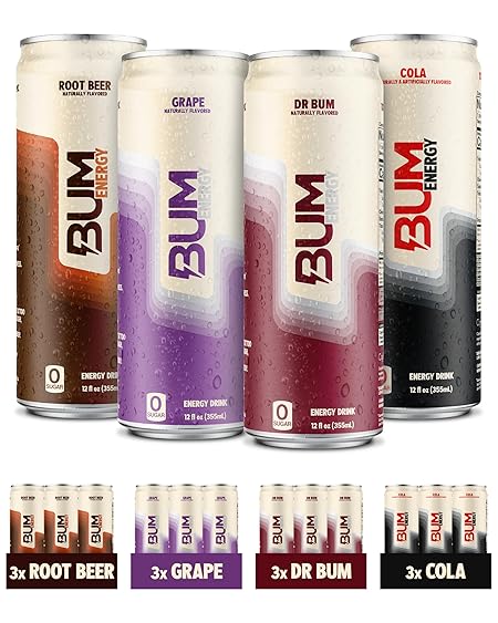 BUM Zero Sugar Energy Drink Variety Pack – Root Beer, Beer, Dr. Bum, Cola & Grape – Lightly Carbonated Sports Beverage with Natural Caffeine & Citicoline for Focus & Energy – 12 fl oz (12-Pack)