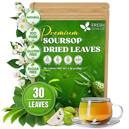 FreshDrinkUS, Premium 30+ Soursop Graviola Dried Leaves, Natural Whole Soursop Leaves, Wildcrafted, Hoja Guanabana, Loose Leaf Herbal Tea, No Gluten, Vegan