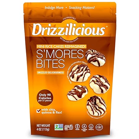 Drizzilicious Mini Rice Cakes S'mores - Rice Crisps, Healthy Snack for Adults and Kids, Flavored Rice Cakes, Vegan, Gluten Free, Allergen Free, Only 90 Calories Per Serving - 4 oz (Pack of 6)