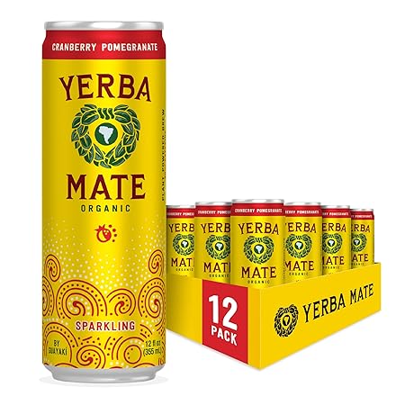 Yerba MateOrganic Sparkling Yerba Mate, Cranberry Pomegranate, 80mg Natural Plant Based Caffeine, Smooth Energy & Focus, Carbonated, 12 Oz (Pack of 12) (Packaging May Vary)