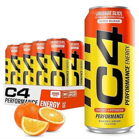 C4 Energy Carbonated Zero Sugar Energy Drink, Pre Workout Drink + Beta Alanine, Orange Slice, 16 Fl Oz (Pack of 12)