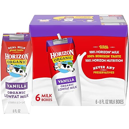 Horizon Organic Shelf Stable 1% Lowfat Vanilla Milk Boxes, 8 fl oz, 6 Count - 8g Protein per Serving, USDA Organic UHT, Ready to Drink for Lunchbox, Travel, or On-the-Go, No Refrigeration Needed
