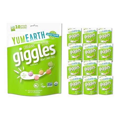 YumEarth Organic Sour Giggles Chewy Candy – Allergy Friendly, No Artificial Dyes, Non GMO, Gluten Free, Sour Fruit Flavored, Vegan Candy Snacks with No Artificial Flavors, 0.5 oz (Pack of 120)