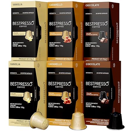 Bestpresso Coffee for Nespresso Original Machine 120 Aluminum pods Certified Genuine Espresso Variety Pack Caramel,Vanilla and Chocolate