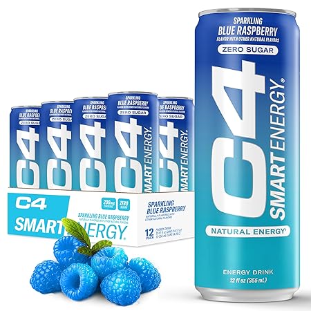 Cellucor C4 Smart Energy Drink ‚ Boost Focus and Energy with Zero Sugar, Natural Energy, and Nootropics - 200mg Caffeine - Blue Raspberry (12oz Pack of 12)