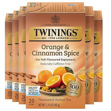 Twinings Orange & Cinnamon Spice Herbal Tea Individually Wrapped Bags, 20 Count (Pack of 6), Naturally Caffeine-Free, Enjoy Hot or Iced, 120 Teabags