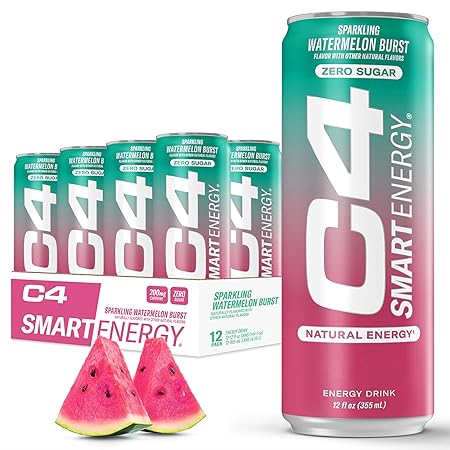 Cellucor C4 Smart Energy Drink ‚ Boost Focus and Energy with Zero Sugar, Natural Energy, and Nootropics - 200mg Caffeine - Watermelon Burst (12oz Pack of 12)