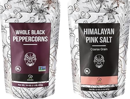 Soeos Whole Black Peppercorns 12oz + Himalayan Pink Salt 2lb, Salt and Pepper for Grinders, Black Peppercorn Refil, Pink Himalayan Sea Salt, 2 Piece Set