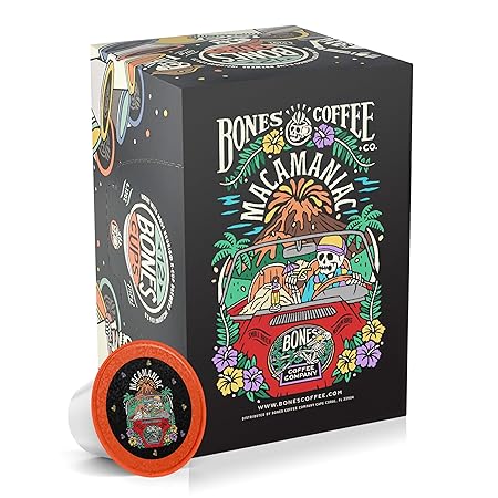Bones Coffee Company Flavored Coffee Bones Cups Macamaniac Flavored Pods | 12ct Single-Serve Coffee Pods Compatible with Keurig 1.0 & 2.0 Keurig Coffee Maker