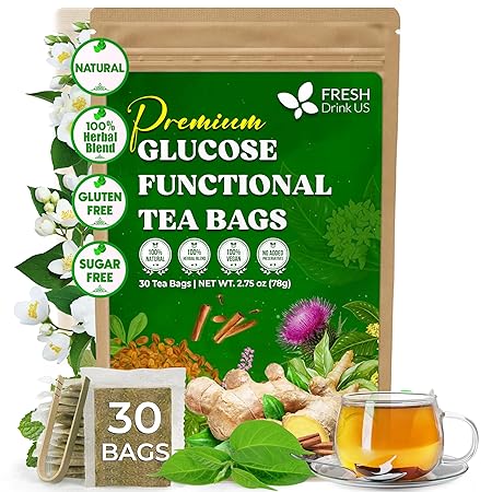 FreshDrinkUS, Premium 30 Tea Bags Glucose Functional Tea – Herbal Blend with Gymnema, Cinnamon, Bitter Melon, Tulsi & More –– Caffeine-Free. Sugar-Free. Gluten-Free. Vegan