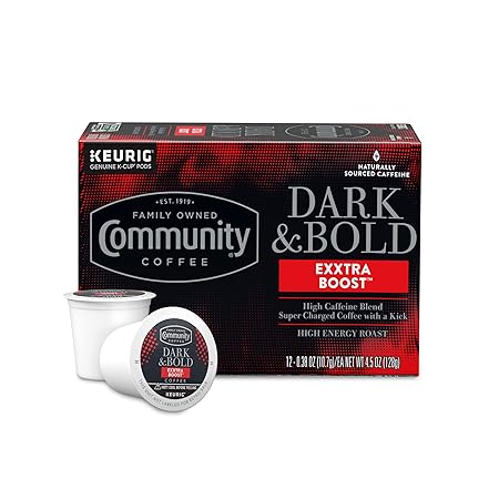 Community Coffee Dark & Bold Exxtra Boost 12 Count Coffee Pods, Compatible with Keurig 2.0 K-Cup Brewers, 12 Count (Pack of 1)