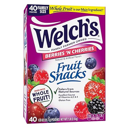 Welch's Fruit Snacks, Berries 'N Cherries Snack Box, Gluten Free, 0.8oz Snack Packs (Pack of 40)