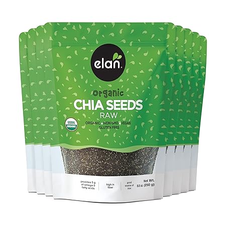 Elan Organic Chia Seeds, Natural Raw Black Chia Seeds, Plant-Based, Non-GMO, Vegan, Gluten-Free, Kosher, Gels Easily, Superfood, 8 pack of 8.8 oz