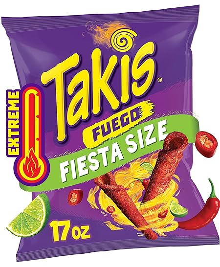Takis Fuego 17 oz Fiesta Size Bag, Hot Chili Pepper & Lime Flavored Extreme Spicy Rolled Tortilla Chips