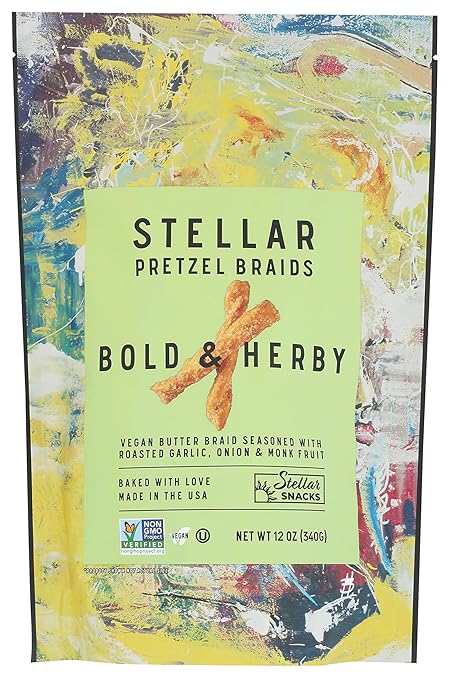 Stellar Snacks Pretzel Braids, 12 OZ Large Bag - Vegan, Kosher, Non-GMO Rods, Twists, Sticks (12 Oz, Bold & Herby)