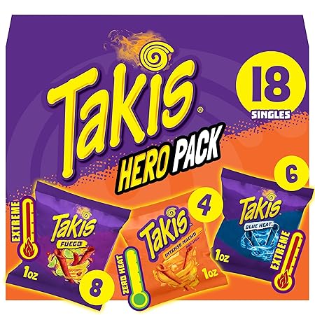 Takis 18 pc / 1 oz Hero Variety Pack, Assorted Flavored Mixed Rolled Tortilla Chips – (8) Fuego, (6) Blue Heat, (4) Intense Nacho