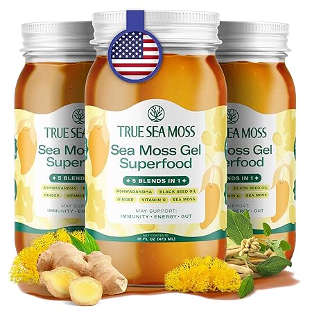 TrueSeaMoss Sea Moss Gel – Made in USA – 5-in-1 Formula – Wildcrafted Seamoss, Ashwagandha & Jarred Vegetables – Ashwagandha, Pack of 3 (Labels may Vary)