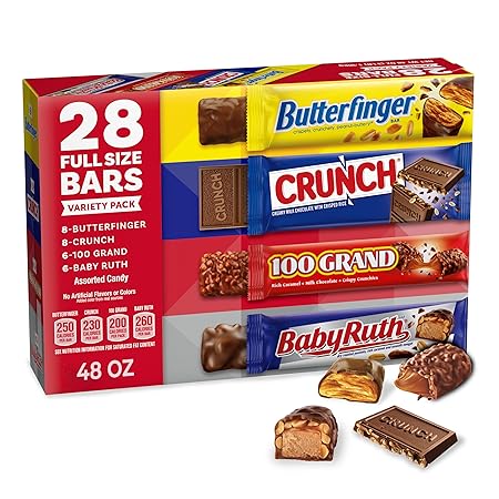 Butterfinger, CRUNCH, Baby Ruth, 100 Grand, Assorted Bulk Candy Bar Variety Pack Full Size, 28-Count, 48 oz