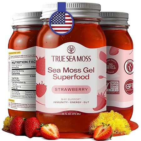 TrueSeaMoss Sea Moss Gel – Made in USA – Wildcrafted Seamoss, Fresh Fruits & Jarred Vegetables – Strawberry, Pack of 1 (Labels may Vary)
