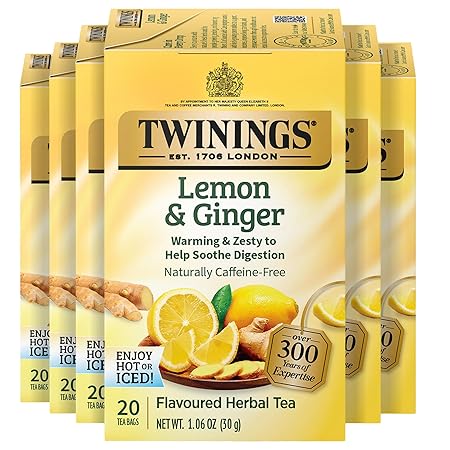 Twinings Lemon & Ginger Herbal Tea Individually Wrapped Bags, 20 Count (Pack of 6), Tangy Lemon, Spicy Ginger, Naturally Caffeine-Free, Enjoy Hot or Iced, 120 Teabags