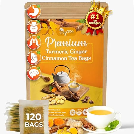 120 Bags Premium Turmeric Ginger Cinnamon Tea, Improve Digestion, Support Brain, Weight, Skin and Sleep, Eco-Conscious Tea Bags and Premium Natural Ingredients. Turmeric Ginger Herbal Tea. No Sugar, No Caffeine, No Gluten, Vegan.