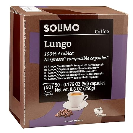 Amazon Brand - Solimo Lungo Capsules, Compatible with Nespresso Original Brewers, Medium Roast, 50 Count (Pack of 1)