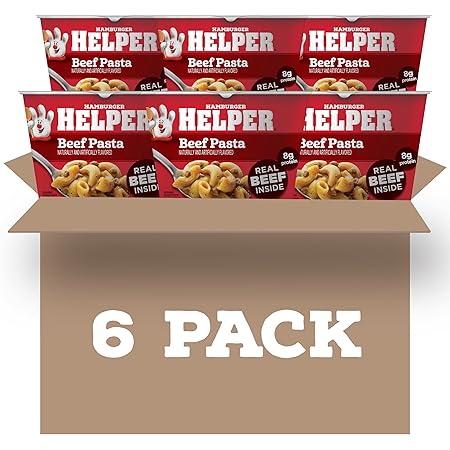 Hamburger Helper Beef Pasta Microwave Cup, 2 oz (6 Pack), Real Beef, 8g Protein, Ready in 4 Minutes, Quick Microwavable Pasta Meal or Snack, Perfect for Midweek Dinners, Busy Evenings, and Families on the Go