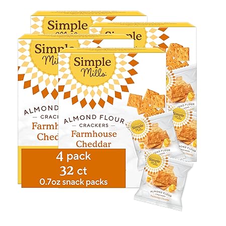 Simple Mills Almond Flour Crackers Snack Packs, Farmhouse Cheddar, Gluten Free, Flax Seed, Sunflower Seeds, Corn Free, Good for Snacks, 6.5 oz, Pack of 4 (8 Bags per Box)