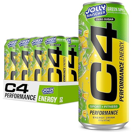 Cellucor C4 Performance Energy Drink | JOLLY RANCHER Green Apple | Zero Sugar Carbonated Preworkout Energy | 200mg Caffeine with Beta Alanine | 16 Fl Oz (12 Pack)