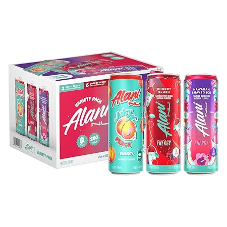 Alani Nu VARIETY PACK CHERRY SLUSH, JUICY PEACH, HAWAIIAN SHAVED ICE Sugar Free, Low Calorie Energy Drinks, 200mg Caffeine, Biotin B Vitamins, Zero Sugar, 10 Calories, 12 Fl Oz Cans, 12 Pack