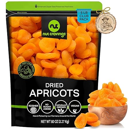 NUT CRAVINGS - Sun Dried Turkish Apricots, No Sugar Added, Unsweetened (80oz, 5 LB, Bulk) Bulk Dry Fruits Packed Fresh in Resealable Bag - Sweet Healthy Snack, Naturally Grown, Vegan, Kosher