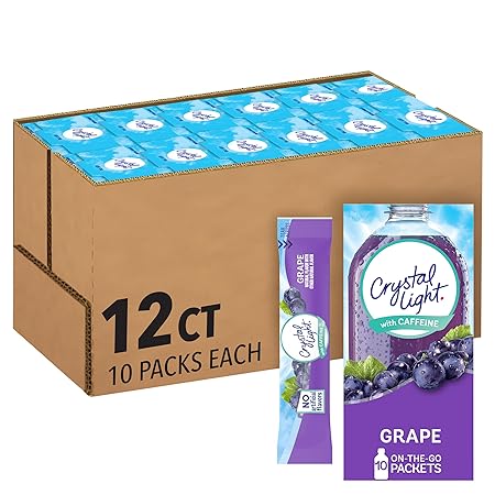 Crystal Light Grape Naturally Flavored Powdered Drink Mix with Caffeine, 120 ct Pack, 12 Boxes of 10 On-the-Go-Packets