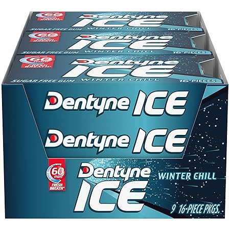 Dentyne Ice Winter Chill Sugar-Free Chewing Gum, 9 Packs of 16 Pieces (144 Total Pieces)