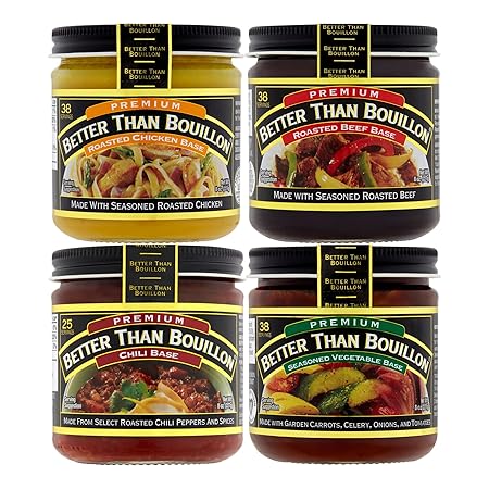 Better Than Bouillon Premium Base Variety Pack, 1 Roasted Chicken Base, 1 Roasted Beef Base, 1 Chili Base, 1 Seasoned Vegetable Base, 8 oz Jars (Pack of 4)