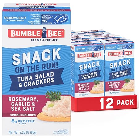 Bumble Bee Snack On The Run Rosemary, Garlic, & Sea Salt Tuna Salad with Crackers Kit (Pack of 12) - Ready to Eat Protein Snack Pack - 8g Protein per Box - Wild Caught MSC Certified Tuna