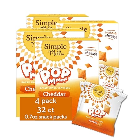 Simple Mills Pop Mmms Cheddar Baked Snack Pack Crackers, Healthy Halloween Snacks for Kids, Individual Packs, Gluten Free, 8 Ct (Pack of 4)