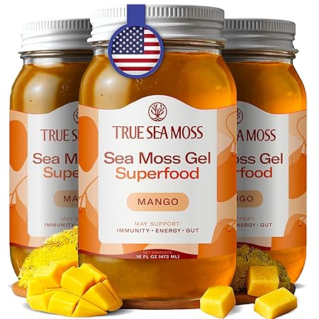 TrueSeaMoss Sea Moss Gel – Made in USA – Wildcrafted Seamoss, Fresh Fruits & Jarred Vegetables – Mango, Pack of 3 (Labels may Vary)