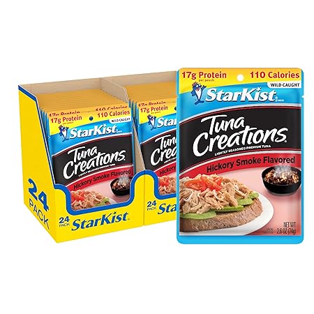 StarKist Tuna Creations Hickory Smoked, 2.6 oz Pouch (24 Pack) Ready to Eat Wild Caught Tuna, g Protein, Calories Per Serving, Gluten Free, Soy Free, Kosher, Perfect for Salads, Keto Meals and Snacks