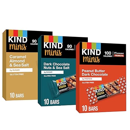 KIND Bar Minis, Variety Pack, Dark Chocolate Nuts and Sea Salt, Peanut Butter, Caramel Almond, Healthy Snacks, 3g Protein, Gluten Free, Low Sugar/Calorie Snacks, 30 Count