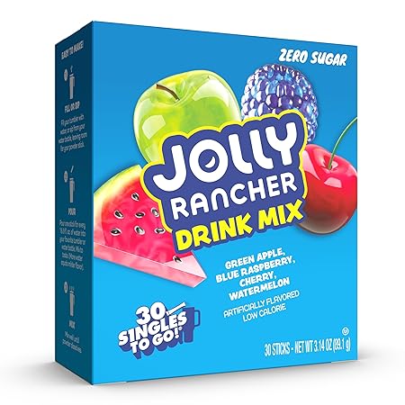 Jolly Rancher Singles To Go Variety Pack, Powdered Drink Mix, Zero Sugar, Low Calorie, Includes 4 Flavors: Green Apple, Blue Raspberry, Cherry, Watermelon, 1 Box (30 Single Servings)