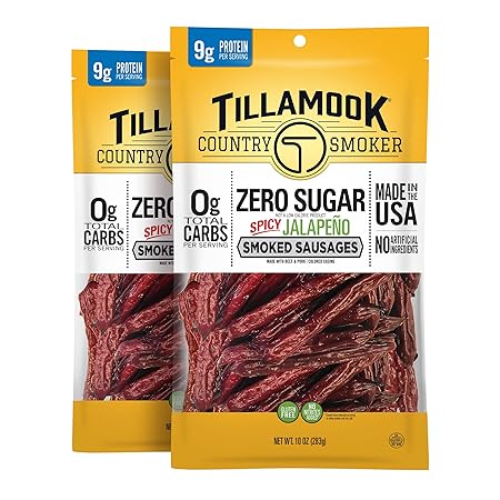Tillamook Country Smoker Zero Sugar Spicy Jalapeño Keto Friendly Smoked Sausages, 10 Ounce (Pack of 2)