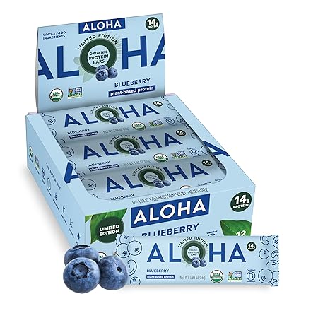 ALOHA Organic Plant Based Protein Bars - Blueberry Bars, Vegan, Low Sugar, Gluten-Free, Low Carb, Non-GMO, No Stevia, No Erythritol - 12 Count (Pack of 1)