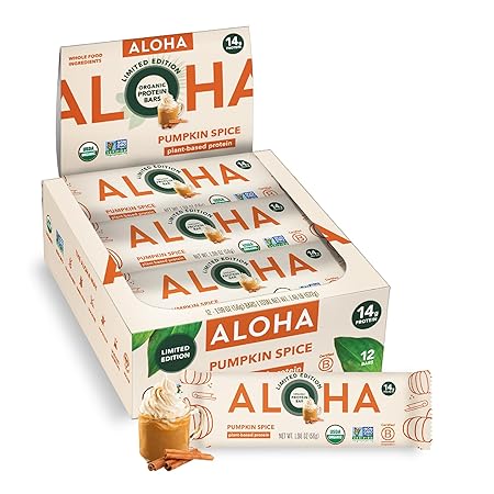 ALOHA Organic Plant Based Protein Bars - Pumpkin Spice, Vegan, Low Sugar, Gluten-Free, Low Carb, Non-GMO, No Stevia, No Erythritol - LIMITED EDITION, 12 Count (Pack of 1)