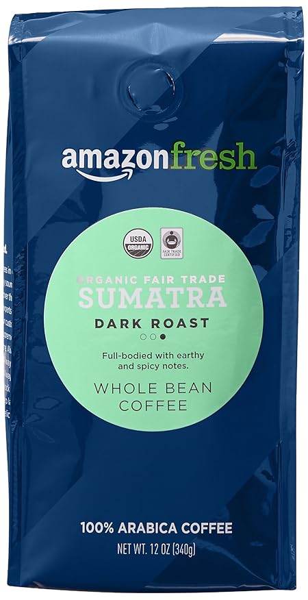 Amazon Fresh Organic Fair Trade Sumatra Whole Bean Coffee, Dark Roast, 12 Ounce