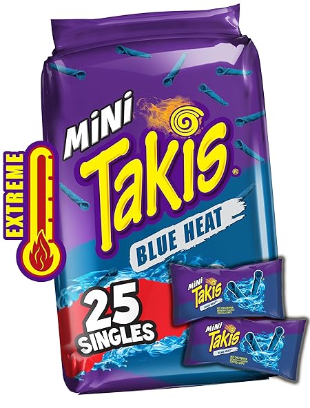 Takis Blue Heat Mini 25 pc / 1.23 oz Bite Size Multipack, Hot Chili Pepper Flavored Extreme Spicy Rolled Tortilla Chips
