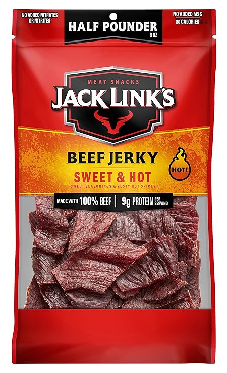 Jack Link's Beef Jerky, Sweet & Hot, Half Pounder Large Jerky Bag - Flavorful Meat Snack, Ready to Eat Protein Snacks with 9g of Protein per Serving, Made with 100% Beef